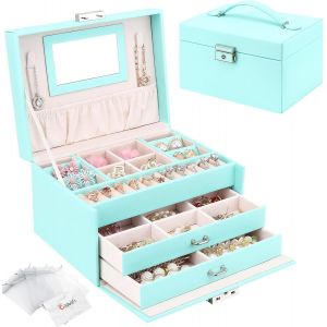 Tianyi-Bo&icirc;te &Agrave; Bijoux, Coffret &Agrave; Bijoux Avec Miroir Et 2 Tiroirs, Rangement Bijoux Coffret Bijoux Verrouillable De Voyage &Agrave; 3 Couches, Organisateur De Bijoux Pour Colliers, Bagues, Vert Menthe - Neuf
