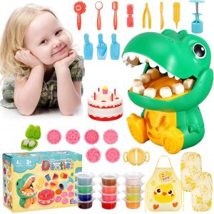 KALANKA-40 Pièces Pâte À Modeler pour Enfants, Dinosaure Outils de Pâte À Modeler, Moules Kit pour Argile, Accessoires Pâte à Modeler avec 12 Pots de Pate a Modeler pour Enfants 4 5 6 7 8 Ans Cadeau - Neuf