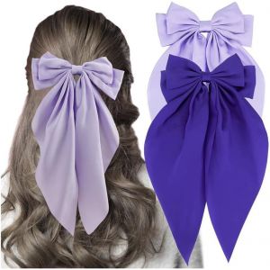 Kal-Barrettes &Agrave; Cheveux Avec Grand Noeud En Satin Soyeux - Long Ruban Uni - Barrette &Agrave; Cheveux Fran&ccedil;aise - Accessoires De Cheveux Pour F&ecirc;te Femmes Filles - Cadeau De Mariage - Violet Profond - Neuf