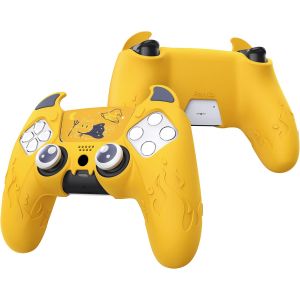 PlayVital Protection Manette pour ps5 Coque Housse Silicone avec Capuchon pour ps5 Joystick Grip et Sticker Pav&eacute; Tactile,Cover Skin Compatible avec Station de Charge,Cute Demon-Jaune - Neuf