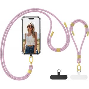 Kal-Cordon Telephone Portable, Avec 2 Patchs Universels Et 2 Cordon Téléphone Portable,Collier Compatibles Avec Tous Les Smartphones-Or Rose - Neuf