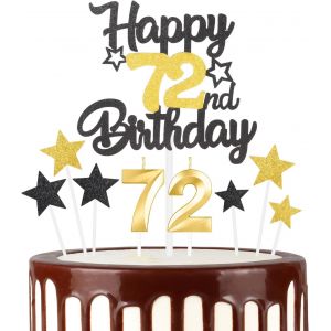 Décorations De Gâteau Dorées Et Noires Pour 72e Anniversaire,Bougie De 72e Anniversaire Pour Homme Et Femme,Bougies De Fête D'anniversaire,Fournitures De Fête D'anniversaire Dorées Et Noires, - Neuf