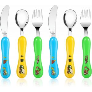 Kalanka-Couverts Enfant En Inox 6 Pcs, Couverts Pour Bébé 2 X Fourchettes, 2 X Couteaux, 2 X Cuillères, Set Couvert Bebe Pour Garçons Filles(Véhicule D'ingénierie) - Neuf