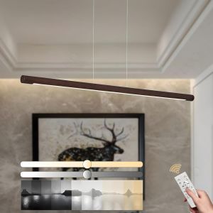 SUBZONAL-Lustre Lin&eacute;aire Cylindrique En Bois, Lumi&egrave;re &agrave; Intensit&eacute; Variable Avec T&eacute;l&eacute;commande, Cordon De Suspension R&eacute;glable De 150cm, Moderne &agrave; Led, Salon, Bureau, Salle &agrave; Manger(Marr&oacute;n 100cm) - Neuf