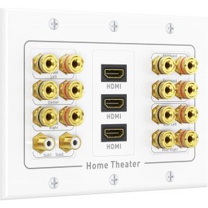 VornixorSarlshop-Triple Gang Plaque murale pour haut-parleur 7.2 avec HDMI (plaque murale Home Cin&eacute;ma/fiche banane) en blanc - Neuf