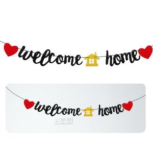Checarzhn--No1-Bannière Noire « Welcome Home » Dorée À Paillettes Pour Pendaison De Crémaillère - Fournitures De Fête De Famille - Décorations De Fête Amusantes Pour Fêtes De Famille - Neuf