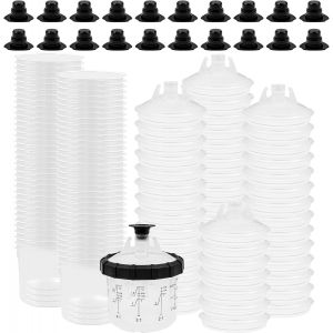 Mevronisshop-200ml Kit De 50 Godets Jetables Pour Pistolet &Agrave; Peinture - Comprend 50 Godets Int&eacute;rieurs, 50 Couvercles-Filtres 125 Microns, 20 Bouchons + 1 Godet Dur Avec Bague - Neuf