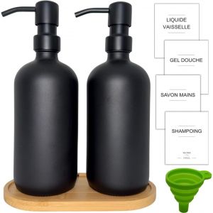 BHHBB-Distributeurs de Savon en Verre - Pack de 2 - Savon Mains - Liquide Vaisselle - Gel Douche - Shampoing - Plateau en Bois, Entonnoir Plastique, Etiquettes - Accessoires Salle de Bain Cuisine (No - Neuf