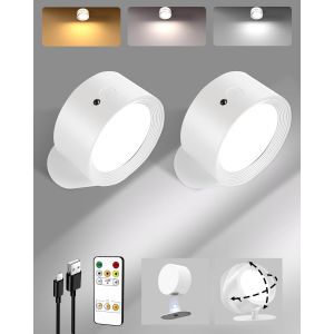 Ulteronixshop-Applique Murale Led Sans Fil Rechargeable, 3 Temp&eacute;ratures De Couleur, T&eacute;l&eacute;commande & Contr&ocirc;le Tactile, 360&deg; Pivotant, R&eacute;glable, Pour Salon & Chambre (2 Pi&egrave;ces, Blanc) - Neuf