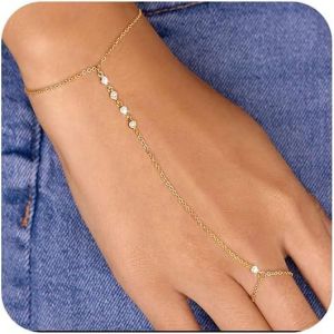 Eryi-Bracelet Chaîne De Main Dorée, Bague Plaquée Or, Chaîne De Main, Perles De Cristal De Zircone, Bracelet Avec Anneau, Bijou Tendance Pour Femme - Neuf