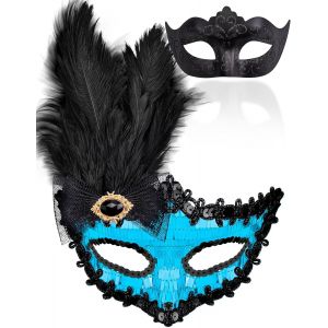 2 Pi&egrave;ces Masque V&eacute;nitien Couple Masque De Mascarade Bal Masqu&eacute; V&eacute;nitien Masque Femme Homme Pour Les Yeux Pour Halloween Mascarade Carnaval,Noir & Bleu - Neuf