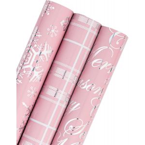 Rouleau De Papier D'Emballage De No&euml;l - Mini Rouleau - 3 Rouleaux - 43,2 Cm X 305 M Par Rouleau - Rose Avec Flocon De Neige En Feuille M&eacute;tallique Argent&eacute;e,Plaid,Lettrage ""Merry Christmas - Neuf