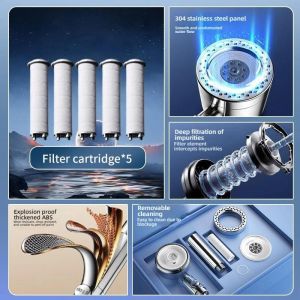 Pommeau De Douche Avec Filtre Haute Pression,5 Modes,&Eacute;conomie D'Eau Avec Bouton D'Arr&ecirc;t,Pomme De Douche &Agrave; Main,Accessoire De Salle De Bains,Nouveau.5 Filter Cartridges. - Neuf