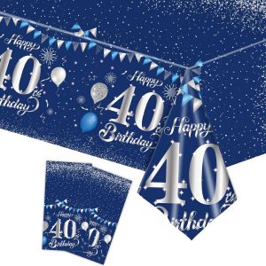 Tianyi-2 Pi&egrave;ces Nappe Bleu Marine D&eacute;cor F&ecirc;te D'anniversaire Pour 40 Ans, 137x274cm Nappe Plastique Et Rectangulaire D&eacute;coration De Table Joyeux Anniversaire Pour Homme Femme D&eacute;coration Anniversaire - Neuf