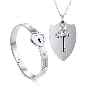 2 Pi&egrave;ces Bracelet Jonc Avec Serrure Et Pendentif Cha&icirc;ne Cl&eacute; Argent Kit,Bracelets Cadenas Et Cles Acier Inoxydable,Bijoux Femme Homme Fille Collier Pour Couple Amoureux Paare Partenaire Amiti&eacute; Cadeau - Neuf