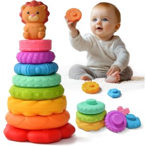 ChenQuanSarl-Jouet Tour Empilable Arc-En-Ciel Bebe Cadeau Jeux Bébé 6 9 12 18 Mois Jouet Dentition Bébé Avec Figurine De Lion Sensoriel Montessori Coloré Éducation Précoce Bébé Garçon Fille - Neuf