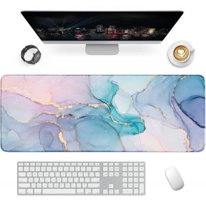 WQD-Tapis de Souris Gaming XXL Mousepad 900 x 400mm, Grand Tapis de Bureau sous Main avec Base en Caoutchouc antid&eacute;rapante pour Gamer,Personnel de Bureau(Marbre Rose Cyan) - Neuf