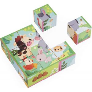 KAL-- Puzzle Cubes Enfant Et B&eacute;b&eacute; En Carton - Th&egrave;me Ferme - 9 Cubes Et 6 Puzzles Possibles - Jouet D'Eveil Et Premier Age - Apprentissage Motricit&eacute; Fine - Peinture &Agrave; L'Eau - D&egrave;s 2 Ans, J03329 - Neuf