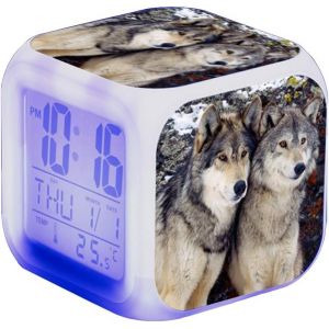 R&eacute;veil loup pour enfant-LED-Carr&eacute;-Horloge LCD &eacute;clair&eacute;e-Cadeau-Motif loup (#6) - Neuf
