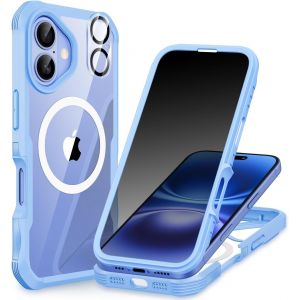 CAUC-Magn&eacute;tique Anti Espion Coque iPhone 16 Plus, Compatible avec MagSafe int&eacute;gr&eacute; Verre Tremp&eacute; Protection &eacute;cran et Protecteur Cam&eacute;ra, Antichoc T&eacute;l&eacute;phone Housse Double Face Etui Int&eacute;grale - Bleu - Neuf