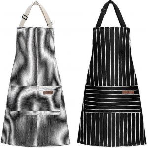 Tablier &Agrave; Bavette Unisexe Ajustable - Tablier De Cuisine Ray&eacute; 2 Pi&egrave;ces Avec 2 Poches - Neuf