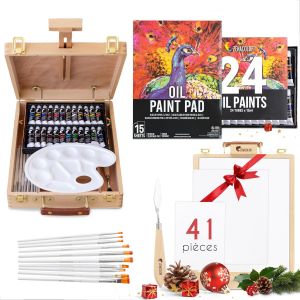 Mevronisshop-Chevalet Peinture Et Peinture &Agrave; L&iquest;Huile - Kit Peinture 41 Pi&egrave;ces : 24 Tubes De Peinture 3 Toiles Peinture 1 Bloc Papier 10 Pinceaux 1 Couteau 1 Palette 1 Chevalet De Table Pliable - Neuf