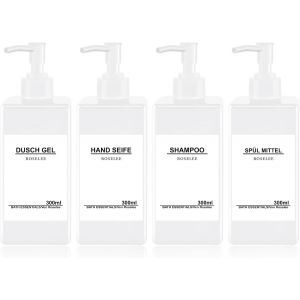 BHHBB-Distributeur de Savon Liquide Blanc 300ml 4Pièces Distributeur de Savon Salle de Bain en Plastique Distributeur de Gel Douche Rechargeable pour Lotion Shampooing Douche, avec Entonnoir, étiquet - Neuf