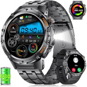 Montre Connect&eacute;e Homme Pour Android Ios Avec Appel Bluetooth 1,43"" Amoled Rond Smartwatch 530 Mah Noir Acier, Lampe De Poche Led, Sant&eacute; Moniteur, 100+ Sports[Mon8300828] - Neuf