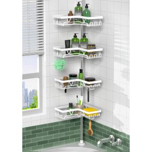 &Eacute;tag&egrave;re de Douche 4 &Eacute;tages Blanc Brillant - Support T&eacute;lescopique 63.5-290 cm Sans Percage, Organisateur de Salle de Bain avec Paniers &agrave; Crochets, Porte-Savon et Rasoir - Neuf