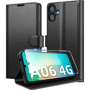 CAUC-Coque pour Samsung Galaxy A06 4G en Premium Cuir PU, Portefeuille Housse Etui pour Cartes Protection Anti-Choc Flip Case avec 1 Verre Tremp&eacute; Noir - Neuf
