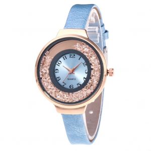 Montre A Quartz Etroite Zhoulianfa En Cuir Pu Pour Femme, Cadran Unique A Effet Sable Mouvant (Bleu Clair) - Neuf