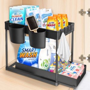 Chenquansarl-Rangement Sous Evier 2 Niveaux, Coulissant Organ Ur Sous Évier Etagere Tiroir Avec 4 Patères Et 2 Vasques Suspendues, Étagère Sous Évier Pour Cuisine Salle De Bain, Noir - Neuf