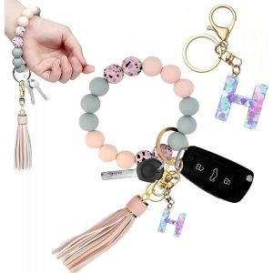 Kal-Porte-Cl&eacute;s Fille Avec Initiales, Porte-Cl&eacute;s Pour Femme, Bracelet Pour Femme, Porte-Cl&eacute;s De Voiture, Perles En Silicone, Cha&icirc;ne De Cl&eacute;s Pour Femme - Neuf