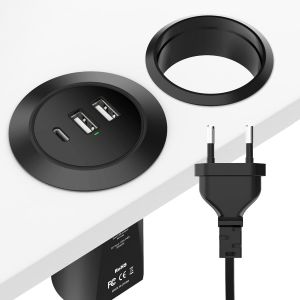 Chargeur USB de Bureau &agrave; 3 Ports, ?illet d'alimentation de Bureau 45 W, 3 USB (1 USB C, 2 USB A) multiprise Ronde de Bureau &agrave; Montage encastr&eacute; avec rallonge de 6,4 Pieds Prise Plate, Noir - Neuf