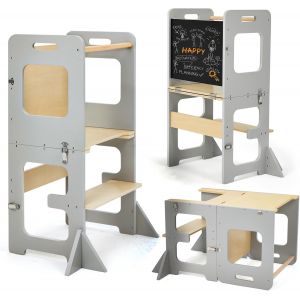 SUBZONAL-Tour d'apprentissage pour Enfants, Montessori Learning Tower avec Tableau Noir, Multifonction 3 en 1 Tour d Observation Pliable, Tour d'apprentissage &agrave; partir de 1an &iquest;Grau&iquest; - Neuf