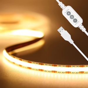 Kalanka-Ruban Led Cob Usb 5v Blanc Chaud 3000k, 2m Dimmable Haute Densit&eacute; 640leds/2m Bande Lumineuse Led Cob Flexible D&eacute;coupable Bande Led Pour Tv R&eacute;tro&eacute;clairage, Armoire, Chambre, &Eacute;clairage Maison - Neuf