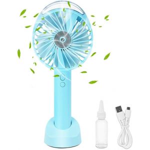 Ventilateur de poche portable à piles, rechargeable par USB, silencieux, mini ventilateur électrique personnel, ventilateur de bureau extérieur, ventilateur brumisateur (bleu) - Neuf