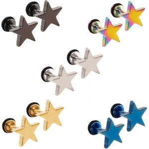 5 Paires Acier Inoxydable Boucles D'oreilles Pour Homme Femme Unisexe Fille, Boucle D Oreille Femme Or Noir, Boucle D'oreille Etoile Argent,Clou D¿Oreilles Piercing 8mm - Neuf