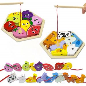 KAL-Jeux Magnetique Enfant, 3 En 1 Jouets En Bois Montessori: Peche A La Ligne, Puzzle, Perles En Bois &Agrave; Jouet, &Eacute;ducatifs Enfant Cadeau Pour Gar&ccedil;ons Filles 2 3 4 Ans - Neuf