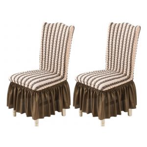 Housse de chaise de salle &agrave; manger en tissu doux avec jupe en dentelle - Couleur caf&eacute; - Neuf