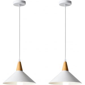 Ulteronixshop-Lots De 2 Suspension Luminaire Vintage Industrielle E27 Plafonnier Lustre Moderne &Oslash;25cm Abat-Jour En M&eacute;tal Bois Lampes Suspendues Pour Cuisine Salle &Agrave; Manger Chambre Caf&eacute;, Blanc - Neuf