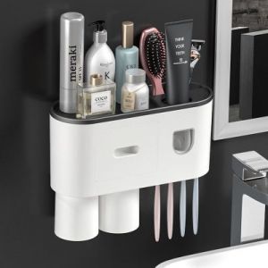 Distributeur automatique de dentifrice mural avec support pour brosse à dents, 4 emplacements pour brosse à dents avec couvercle, organiseur multifonction pour brosse à dents (2 tasses) - Neuf