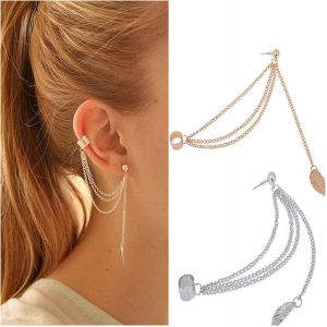 Kal-Paires Boucles D'oreilles Feuilles Punk Filles Mode Pendaison Oreille Boucles D'oreilles Rock Longue Chaîne Boucles D'oreilles Manchette Chaîne Chaîne Chaîne Boucles D'oreilles Argent Et Or - Neuf