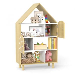 Costway Bibliothèque Pour Enfants Étagère En Forme De Maison Avec 2 Portes - Système Anti-Basculement & Pieds En Bois Massif - Neuf