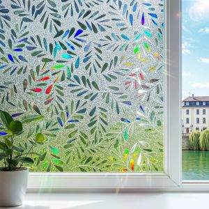 Film Fenetre Anti Regard Motif de Feuille Effet Arc-en-Ciel Film Occultant Fen&ecirc;tre 30x120cm, Films Electrostatique Vitre D&eacute;coratif D&eacute;poli Anti UV Brise Vue Fenetre pour Maison Bureau - Neuf