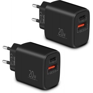 Chargeur USB C (2PCS), Chargeur Rapide 20W, Adaptateur Secteur 2 Ports avec PD/QC, Prise USB C Compatible avec iPhone 16/15/14/13/12/11/Pro/Max/SE/16e, Samsung S24/S23/S22/S21, Google 9/8/7/6 - Neuf