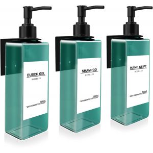 ERYI-3 Pièces Distributeur De Savon Mural, Distributeur Savon Douche Noir, 500Ml Cyan Flacon Pompe Vide No Perçage Avec Étiquettes Pour Cuisine Et Salle De Bain - Neuf