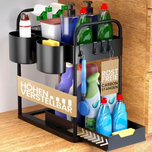 &Eacute;tag&egrave;re Sous Lavabo Pour Meuble Sous &Eacute;vier R&eacute;glable En Hauteur Avec 2 &Eacute;tages En Noir I Organiseur De Cuisine Meuble Bas Avec 4 Crochets Et 2 Tasses I Organiseur De Meuble Sous Lavabo - Neuf