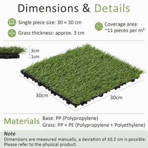 Dalles de terrasse gazon synth&eacute;tique lot de 11 pi&egrave;ces 30x30cm 1m&sup2; avec drainage pour ext&eacute;rieur int&eacute;rieur - Neuf