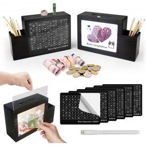 Loc-Tirelire En Bois Euro Avec Cadre Pour Photo Et Porte-Stylo Objectif Économie Boîte D'Argent Fonction Triple 10,000 7,000 5,000 3,000 2,000 1,000 Money Box (Noir) - Neuf